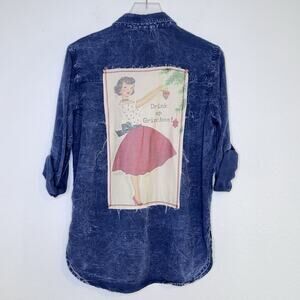 Nu Vintage Womens Drink Up Grinches Button Up Top Size S Blue Retro Christmas